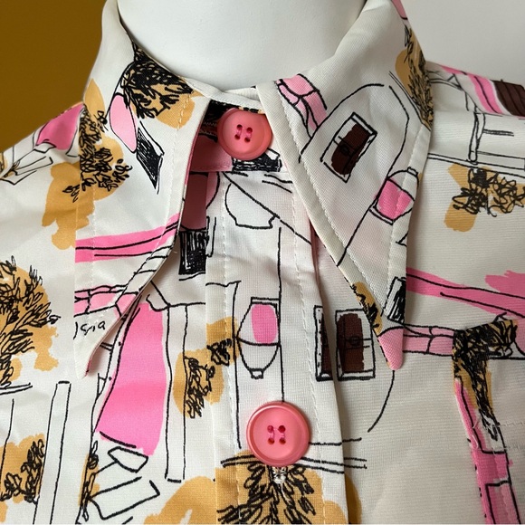 Vera Neumann Vintage Top belted house or city scape pink white XS or kids 12 - Picture 4 of 13